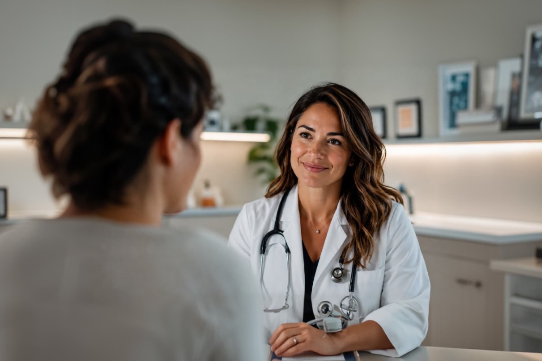 A TruMedical Care provider listening to a patient
